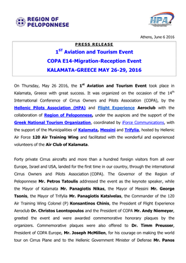 1ST Aviation and Tourism Event COPA E14-Migration-Reception Event KALAMATA-GREECE MAY 26-29, 2016