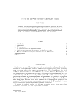 MODES of CONVERGENCE for FOURIER SERIES Contents 1
