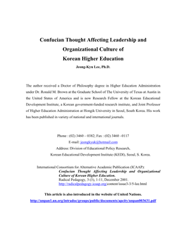 Confucian Thought Affecting Leadership and Organizational Culture of Korean Higher Education