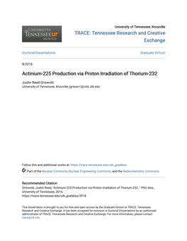 Actinium-225 Production Via Proton Irradiation of Thorium-232