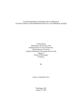 Autochthonous and Practical Liberals: Vestnik Evropy and Modernization in Late Imperial Russia