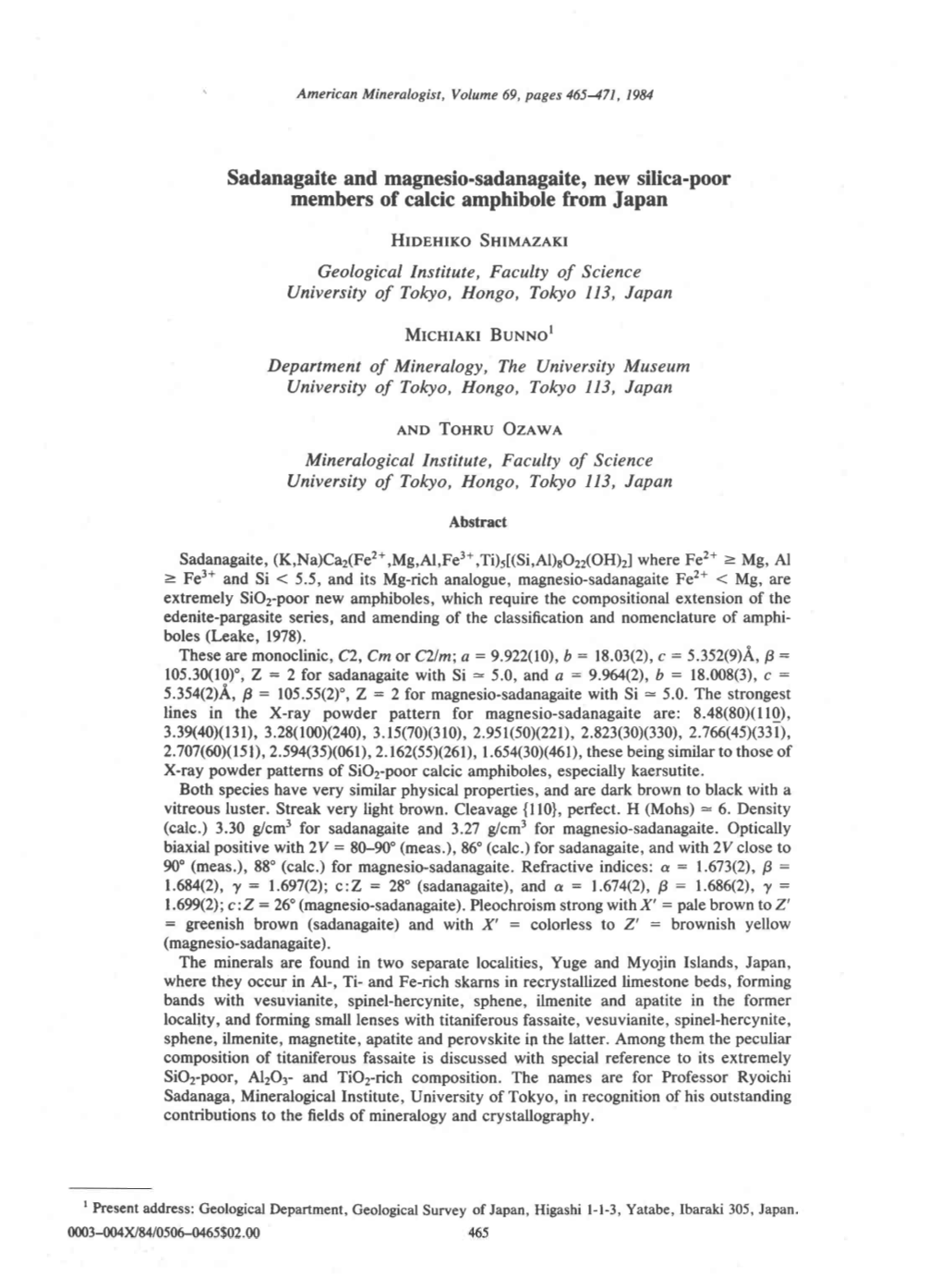 Sadanagaite and Magnesio.Sadanagaite, New Silica-Poor Members of Calcic Amphibole from Japan