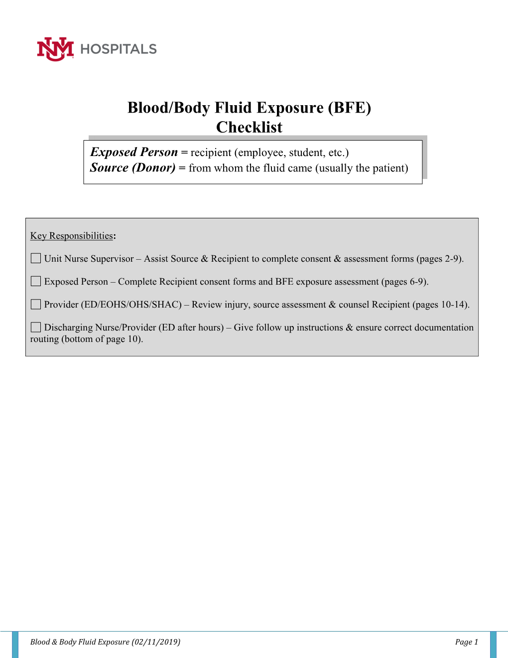 Blood Body Fluid Exposure (bfe) Checklist - Docslib