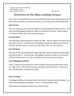 Directions to the Mays Landing Campus