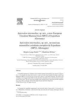 Apterodon Intermedius, Sp. Nov., a New European Creodont Mammal from MP22 of Espenhain (Germany) Apterodon Intermedius, Sp