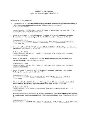 Appendix B. Brodifacoum Papers That Were Accepted for ECOTOX