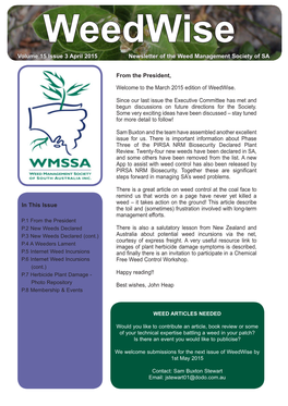 Weedwise Volume 15 Issue 3 April 2015 Newsletter of the Weed Management Society of SA