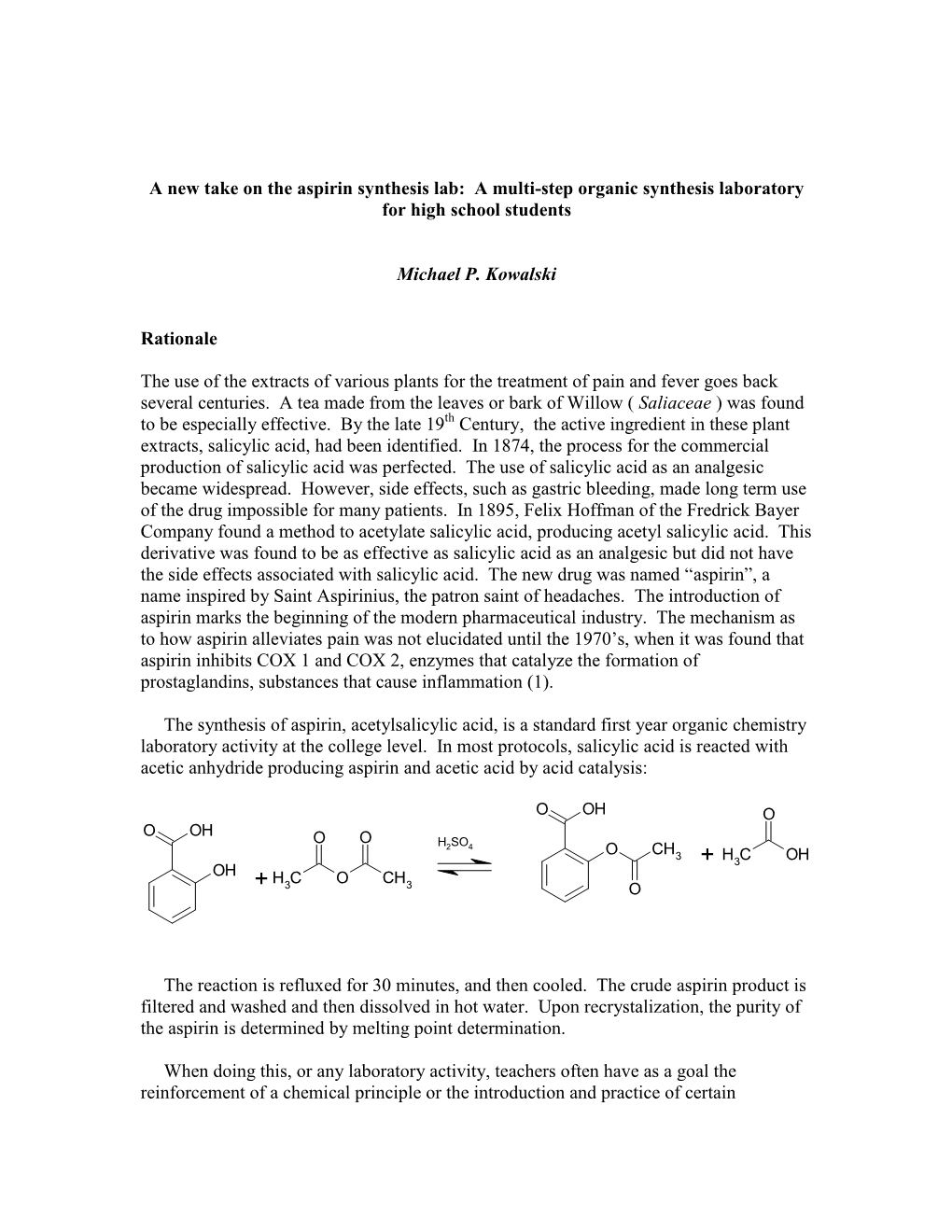 A New Take on the Aspirin Synthesis Lab: a Multi-Step Organic Synthesis Laboratory for High School Students