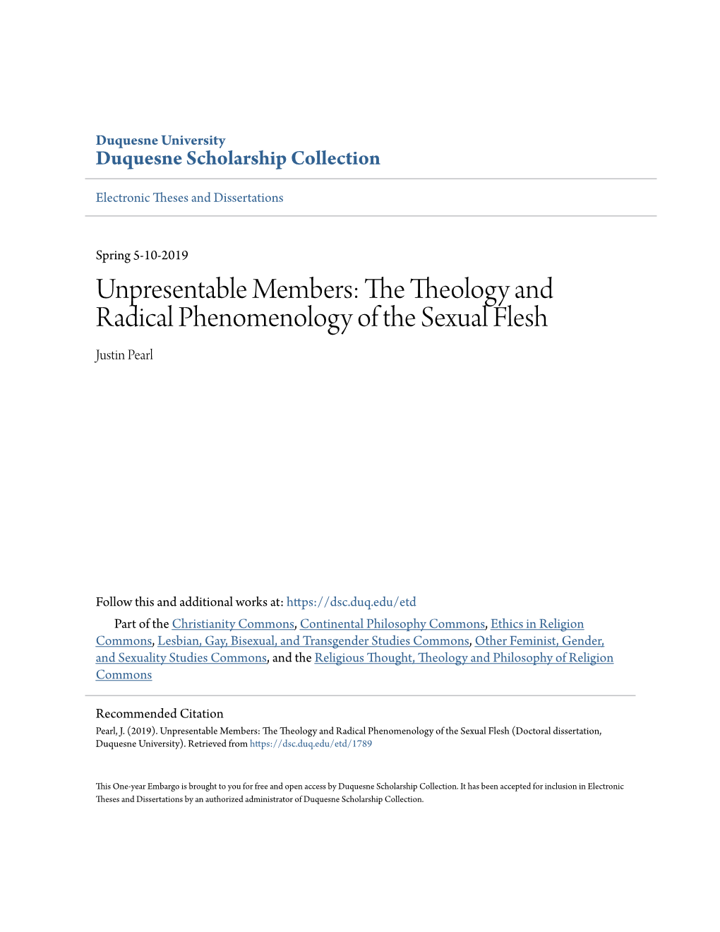 The Theology and Radical Phenomenology of the Sexual Flesh Justin Pearl