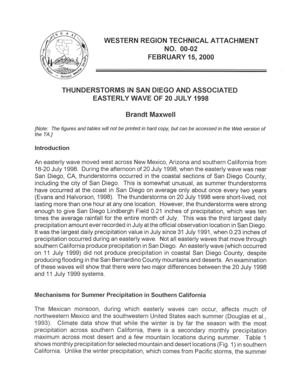 Thunderstorms in San Diego and Associated Easterly Wave of 20 July 1998