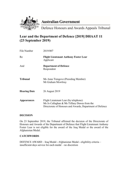 Lear and the Department of Defence [2019] DHAAT 11 (23 September 2019)
