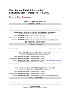 63Nd Annual RMMLA Convention Snowbird, Utah ~ October 8 - 10, 2009 Convention Program