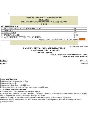 Central Council of Indian Medicine New Delhi Syllabus of Ayurvedacharya (Bams) Course Index 1St Professional