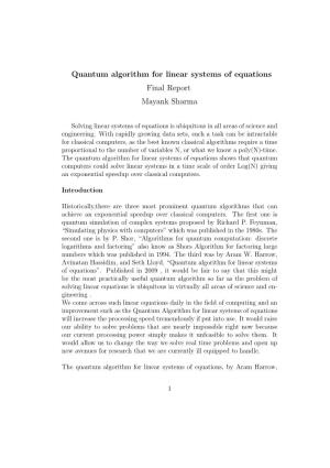 Quantum Algorithm for Linear Systems of Equations Final Report Mayank Sharma
