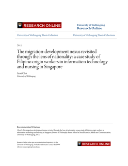 A Case Study of Filipino Origin Workers in Information Technology and Nursing in Singapore Seori Choi University of Wollongong