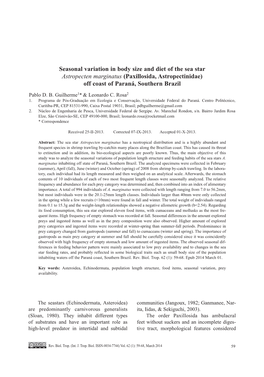 Seasonal Variation in Body Size and Diet of the Sea Star Astropecten Marginatus (Paxillosida, Astropectinidae) Off Coast of Paraná, Southern Brazil