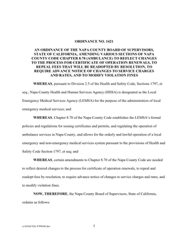 1 Ordinance No. 1421 an Ordinance of the Napa County Board of Supervisors, State of California, Amending Various Sections Of