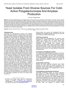 Yeast Isolates from Diverse Sources for Cold- Active Polygalacturonase and Amylase Production