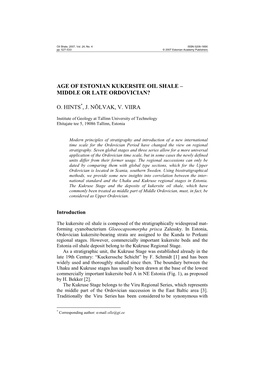 Age of Estonian Kukersite Oil Shale – Middle Or Late Ordovician? O. Hints