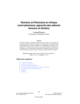 Romains Et Pheniciens En Afrique Nord-Saharienne, Approche Des Adstrats Lexicaux En Berbere