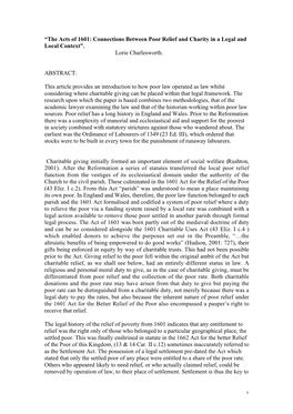 1 “The Acts of 1601: Connections Between Poor Relief and Charity in a Legal and Local Context”. Lorie Charlesworth. ABSTRACT