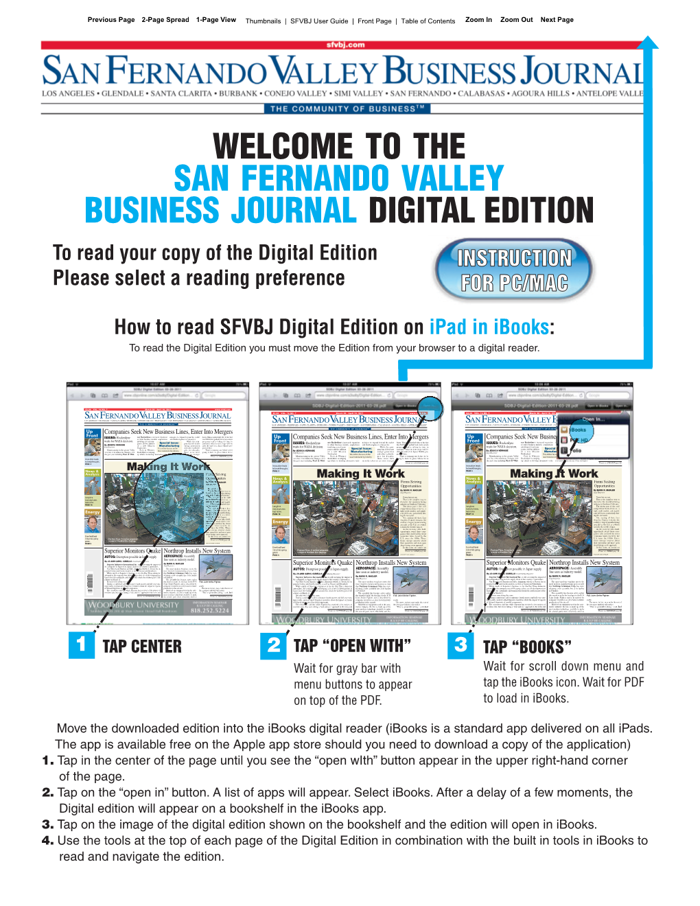 THE SAN FERNANDO VALLEY BUSINESS JOURNAL DIGITAL EDITION to Read Your Copy of the Digital Edition INSTRUCTION Please Select a Reading Preference for PC/MAC