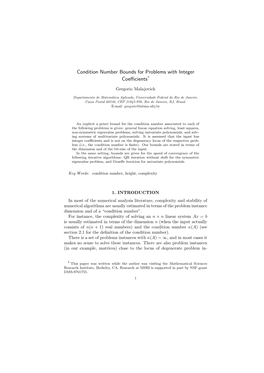 Condition Number Bounds for Problems with Integer Coefficients*