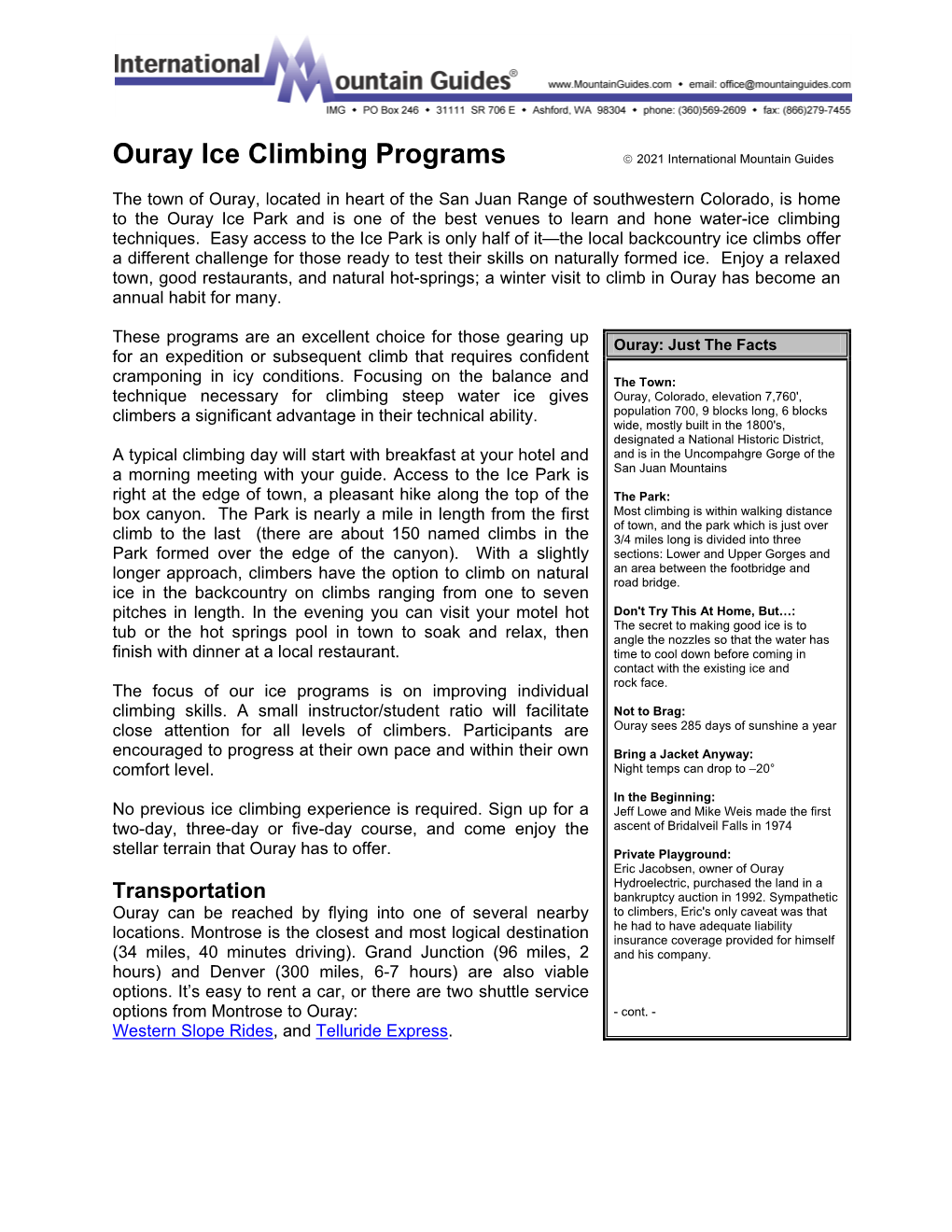 Ouray Ice Climbing Programs  2021 International Mountain Guides