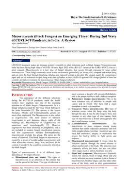 Mucormycosis (Black Fungus) an Emerging Threat During 2Nd Wave of COVID-19 Pandemic in India: a Review Ajaz Ahmed Wani1*