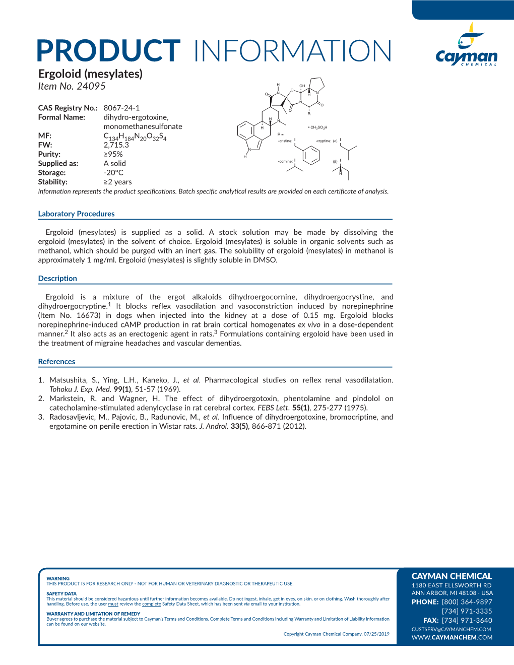 PRODUCT INFORMATION Ergoloid (Mesylates)