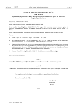 2020/1129 of 30 July 2020 Implementing Regulation (EU) 2017/1509 Concerning Restrictive Measures Against the Democratic People’S Republic of Korea