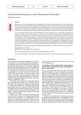 Buschinger, A. 2009. Social Parasitism Among Ants: a Review