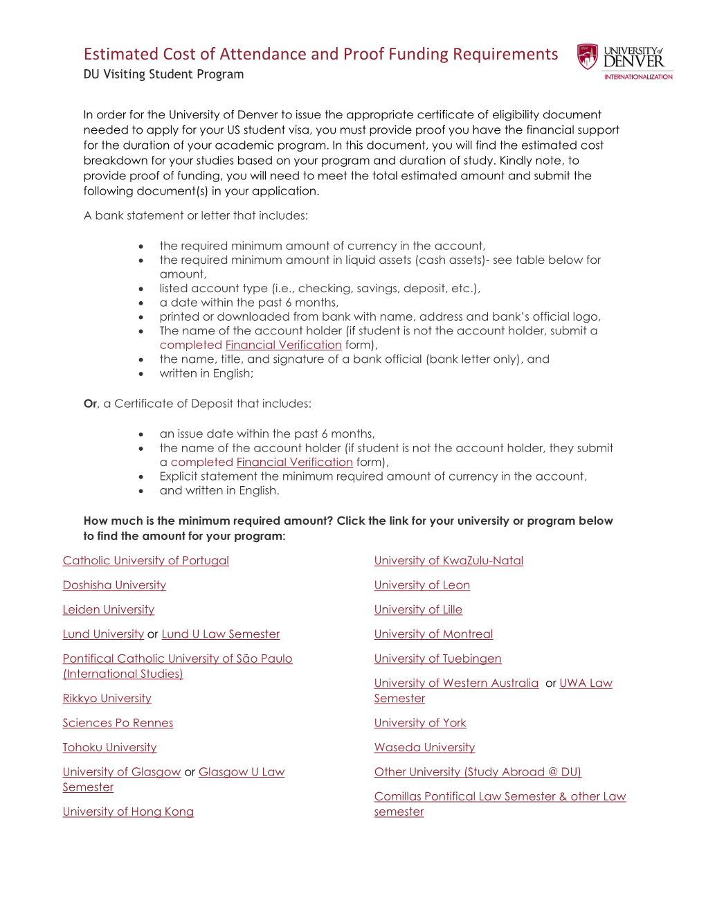 Estimated Cost of Attendance and Proof Funding Requirements DU Visiting Student Program