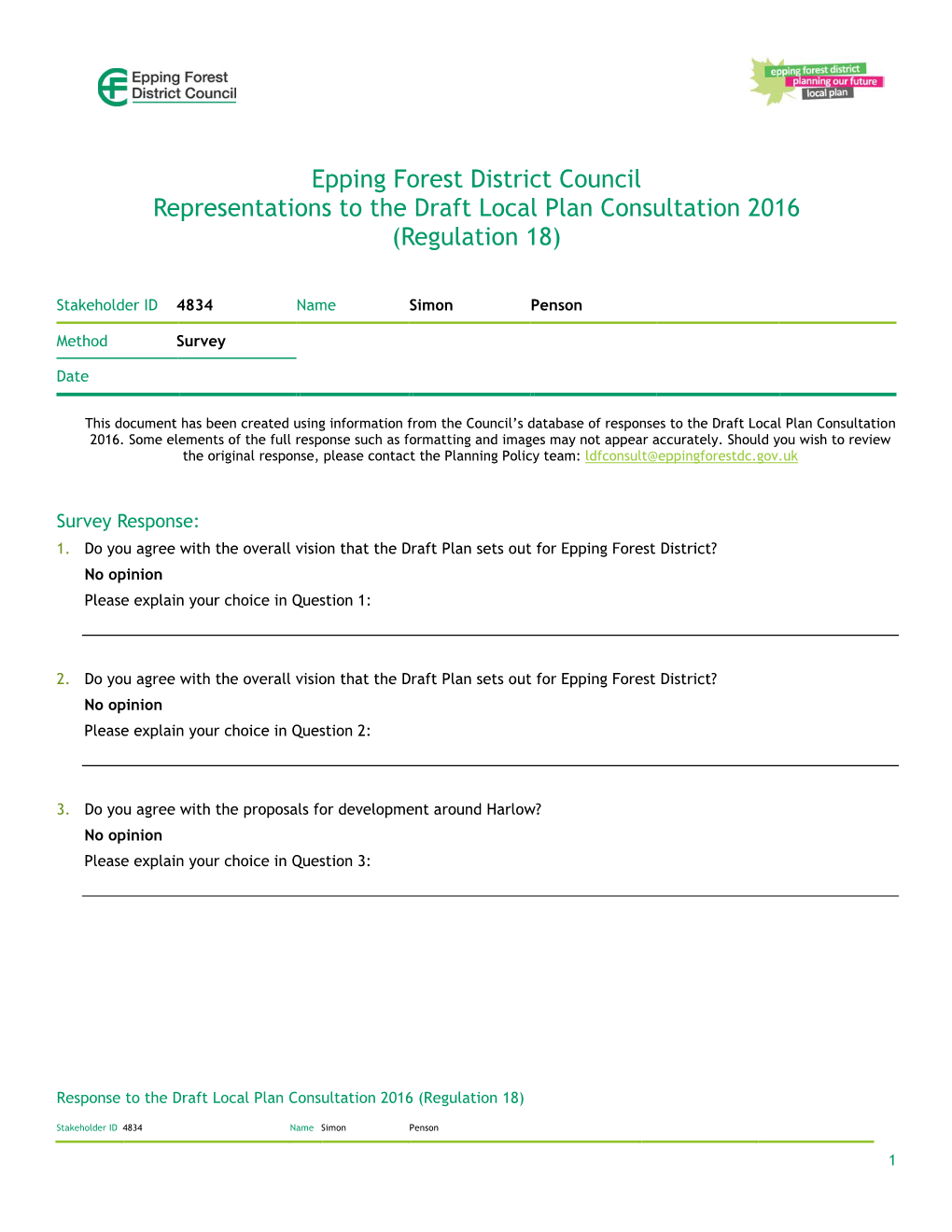 Epping Forest District Council Representations to the Draft Local Plan Consultation 2016 (Regulation 18)