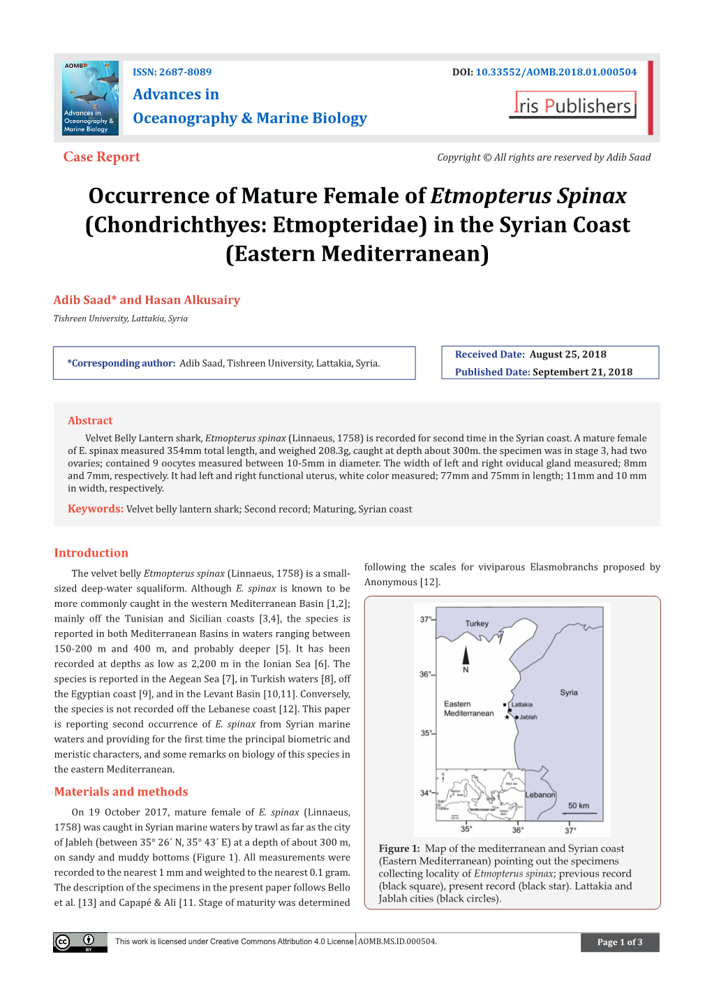 Occurrence of Mature Female of Etmopterus Spinax (Chondrichthyes: Etmopteridae) in the Syrian Coast (Eastern Mediterranean)