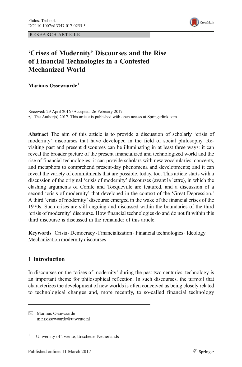 Crises of Modernity’ Discourses and the Rise of Financial Technologies in a Contested Mechanized World