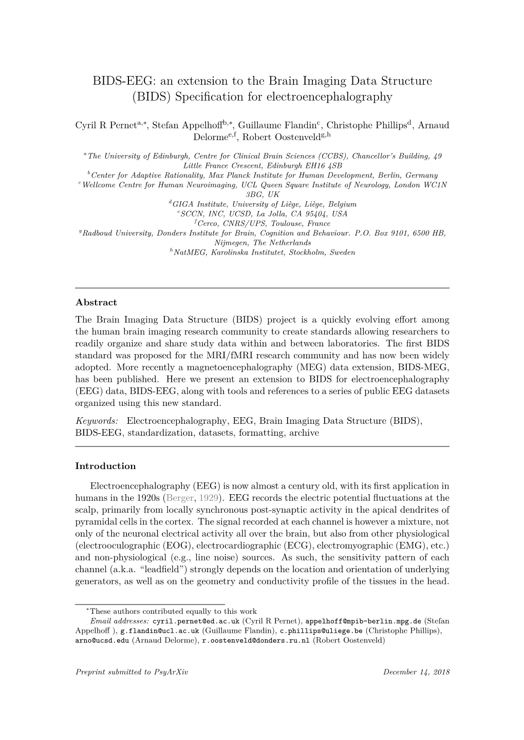 BIDS-EEG: an Extension to the Brain Imaging Data Structure (BIDS) Specification for Electroencephalography