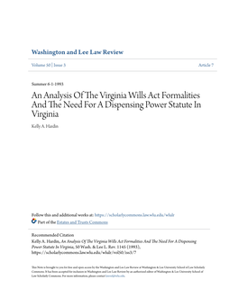 An Analysis of the Virginia Wills Act Formalities and the Need for a Dispensing Power Statute in Virginia, 50 Wash