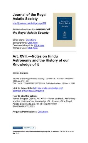 Art. XVIII.—Notes on Hindu Astronomy and the History of Our Knowledge of It