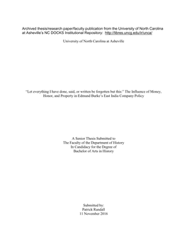 Let Everything I Have Done, Said, Or Written Be Forgotten but This:” the Influence of Money, Honor, and Property in Edmund Burke’S East India Company Policy