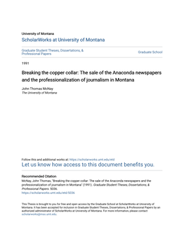 Breaking the Copper Collar: the Sale of the Anaconda Newspapers and the Professionalization of Journalism in Montana