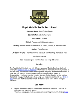 Royal Goliath Beetle Fact Sheet