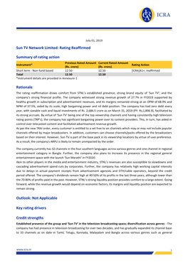Sun TV Network Limited: Rating Reaffirmed Summary of Rating Action