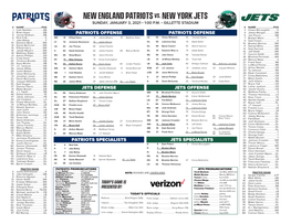 New England Patriots Vs. New York Jets SUNDAY, JANUARY 3, 2021 • 1:00 P.M