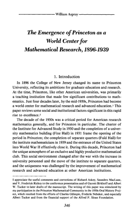 The Emergence of Princeton As a World Center for Mathematical Research, 1896-1939