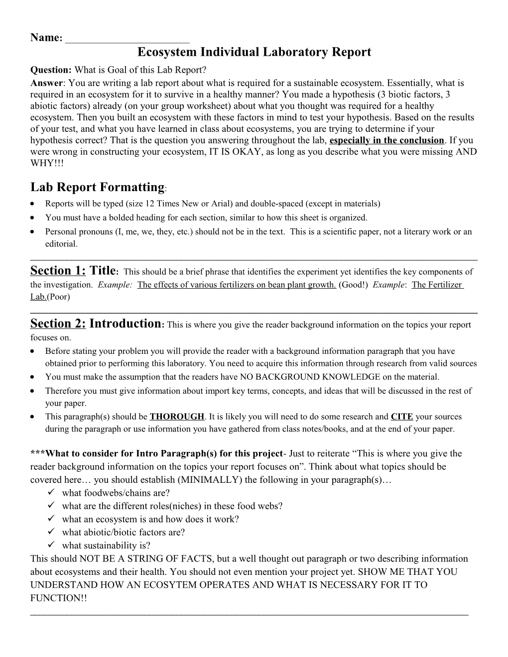 Ecosystem Individual Laboratory Report