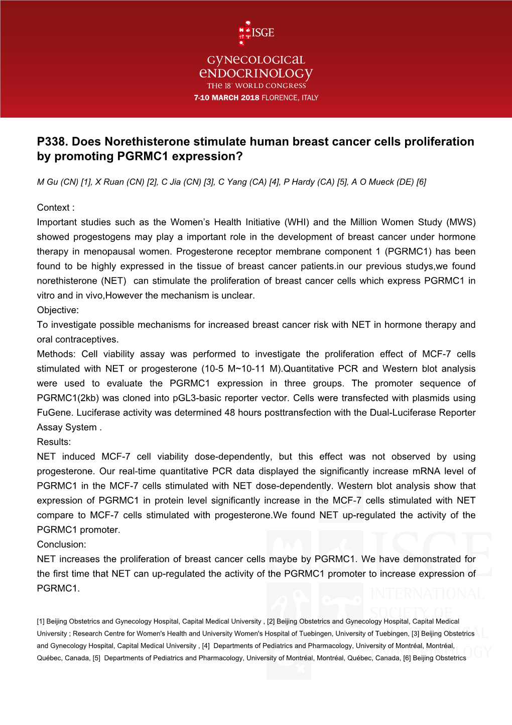 P338. Does Norethisterone Stimulate Human Breast Cancer Cells Proliferation by Promoting PGRMC1 Expression?