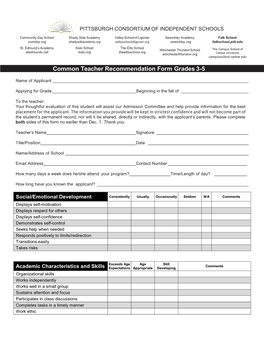 Common Teacher Recommendation Form Grades 3-5
