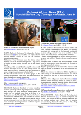 Pajhwok Afghan News (PAN) Special Election Day Coverage Newsletter, June 14