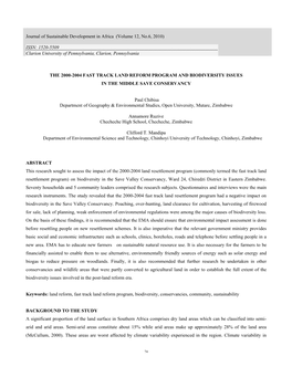 The 2000-2004 Fast Track Land Reform Program and Biodiversity Issues in the Middle Save Conservancy